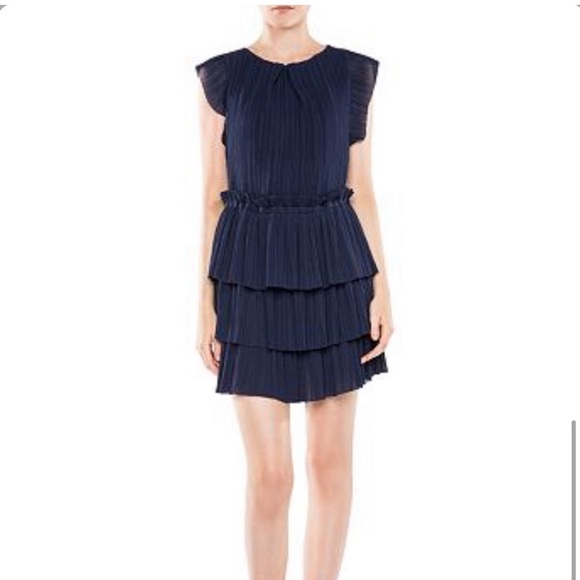 Maje RADZY Pleated Ruffle Tiered Dress Navy - Picture 3 of 10